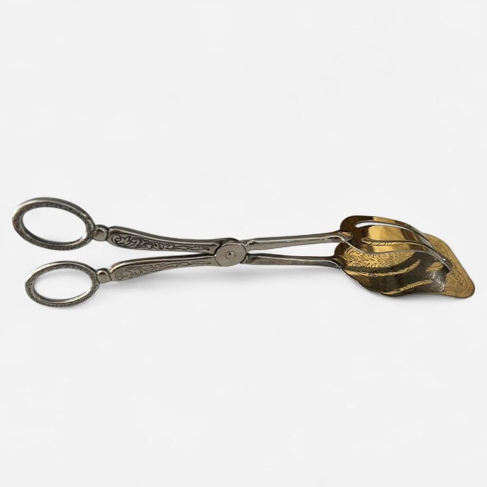Silver Tone Serving Tongs with Floral Design